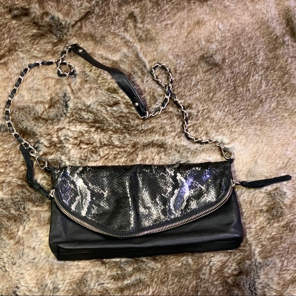 Bebe Reversible Flap Crossbody Black Snake-print